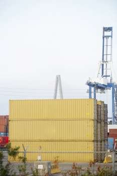 Cargo containers and a crane at a commercial dock, Charleston, South Carolina, USA