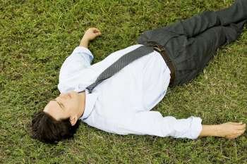 High angle view of a businessman lying on the grass