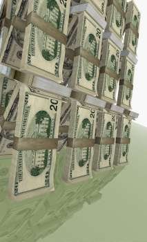 Close-up of a pyramid of American twenty dollar bills