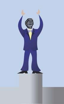 Businessman standing on a pedestal with his arms outstretched