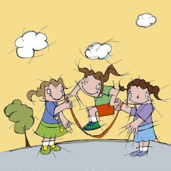 Side profile of three girls playing jump rope