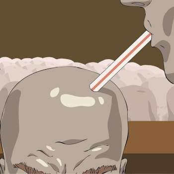 Close-up of a man drinking with a straw from another man´s head