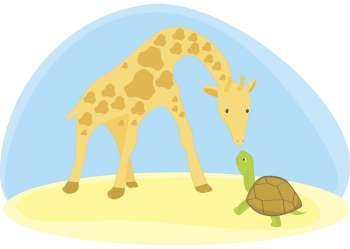 Giraffe and a tortoise looking at each other