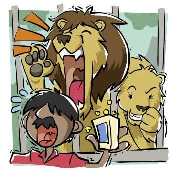 Lion in a cage laughing at a man holding a bag of popcorn