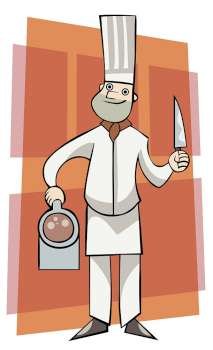 Portrait of a chef holding a knife and a pot