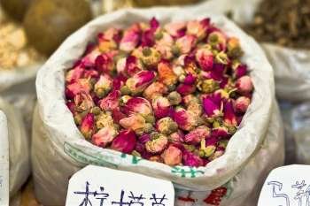 Close-up of dry roses at a market stall, Tai´an, Shandong Province, China