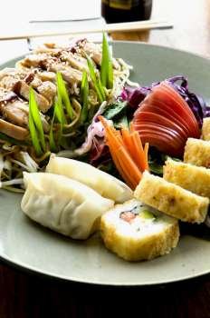 Close-up of sushi with Chinese dumplings served in a plate