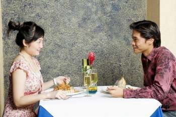 Side profile of a young couple sitting in a restaurant