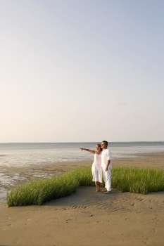 Mid adult woman pointing forward with a mature man standing beside her on the beach