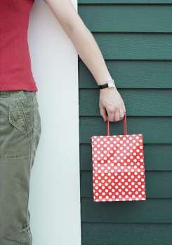 Mid section view of a woman holding a shopping bag