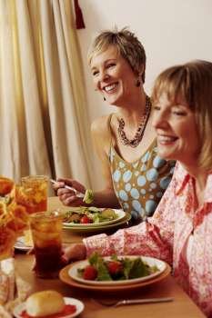 Two mature women sitting at the dining table and smiling