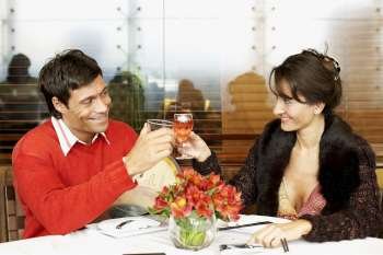 Mid adult couple toasting with wine glasses