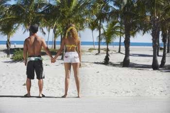 Rear view of a couple standing and holding hands on the beach