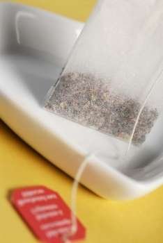 Close-up of a teabag on a tray