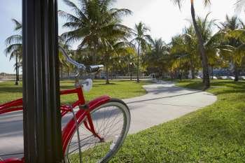 Close-up of a bicycle parked against a pole, South Beach, Miami Beach, Florida, USA