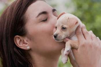 Close-up of a young woman kissing a puppy