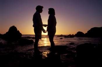 Profile of man and woman holding hands in front of the setting sun at the beach
