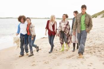 Group Of Young Friends Walking Along Autumn Shoreline