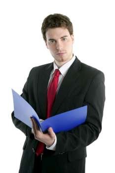 businessman holding blue open folder over white studio background