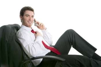 businessman relaxed sit on chair talking mobile phone with tie white background