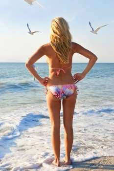 A beautiful young blond woman wearing a bikini looks out to sea while sea gulls fly around her