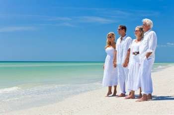Two couples, generations of a family together holding hands on a tropical beach