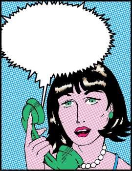 Comic book style woman on phone with blank speech bubble.