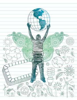 Silhouette of person holding earth surrounded by eco doodles.