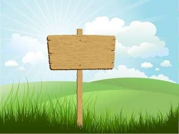 Wooden sign in grass against a blue sky