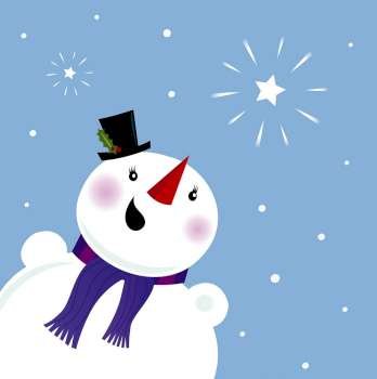 Happy Snowman looking at snow and christmas star
