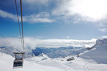 Modern cable car in Alagna Valsesia Ski resort; Piemonte, Italy.