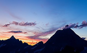 Silhouette of south side of Matternhorn at sunset. West Alps , Italy