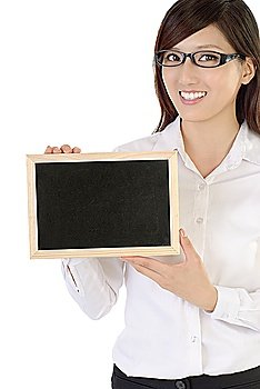 Businesswoman holding blackboard
