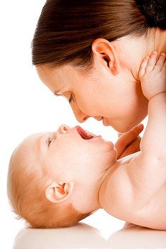mom and boy on a white background