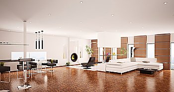Interior of modern apartment living room panorama 3d render