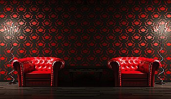 Two red leather armchairs,table and floor lamps 3d render