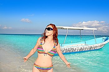 bikini medium age woman beach tourist  in Caribbean tropical sea