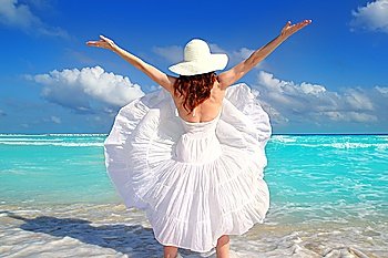 beach rear woman wind shaking white dress tropical turquoise Caribbean
