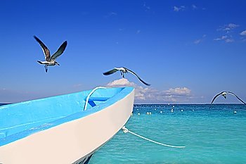 blue boat seagulls in Caribbean turquoise sea