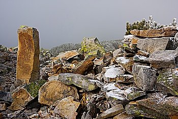 Collection of rocks with foggy background