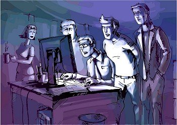 The four men and the woman are looking at glowing computer monitor.