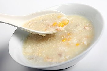A bowl of chicken and sweetcorn soup, a favourite chinese dish.