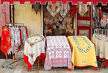 A shop on Burano Island selling textiles. Burano was renowned for making the world´s finest lace and still has a thriving textile trade for tourists