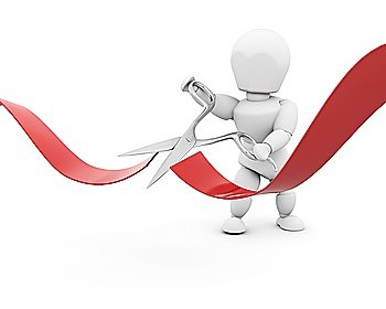 3D render of a man cutting a red ribbon with scissors