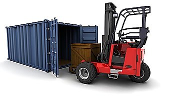 3d render of forklift truck loading a container