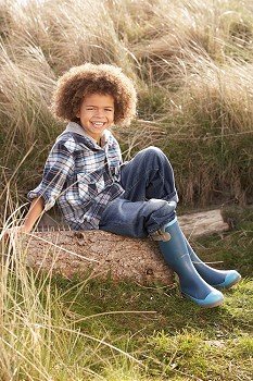 Young Boy Putting On Wellington Boots