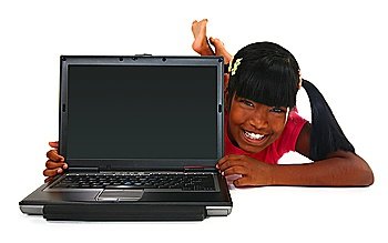 Beautiful 10 yaer old Indian girl with laptop over white.