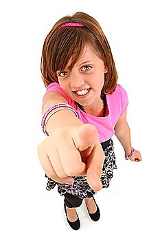Beautiful 10 year old girl pointing up to camera over white background.  Top View.