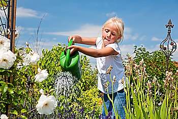Little girl watering the flowers in a garden on a bright summer day