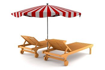two beach chairs and umbrella isolated on white background with clipping path